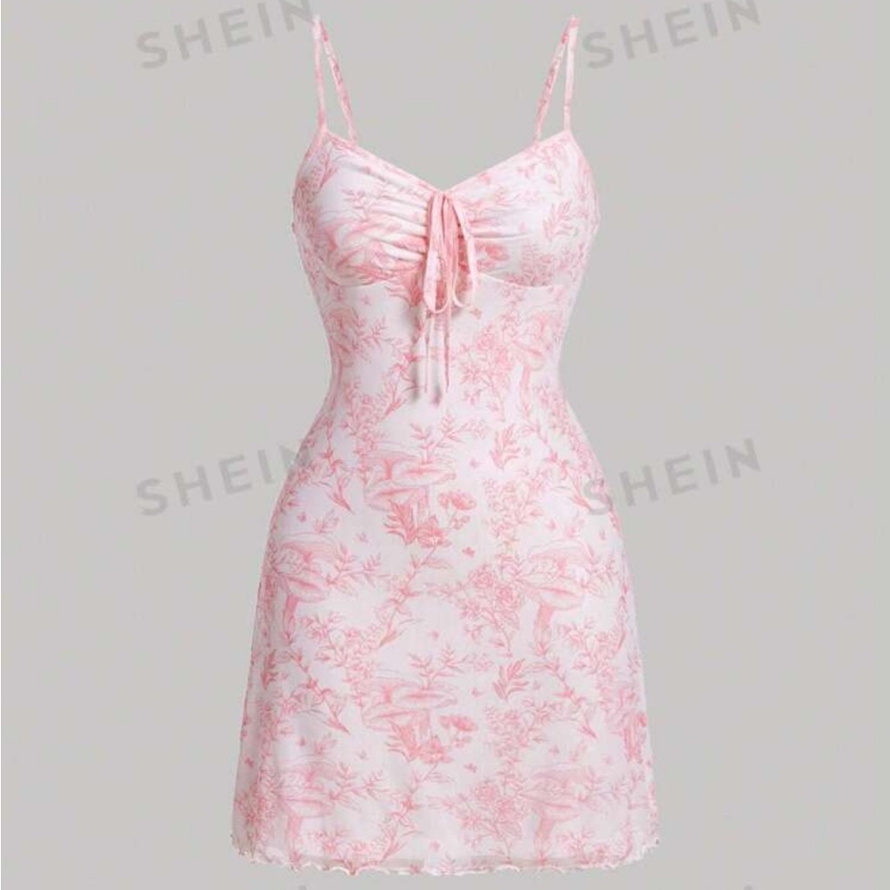 Floral Print Drawstring Front Cami Net Pink Mini Dress